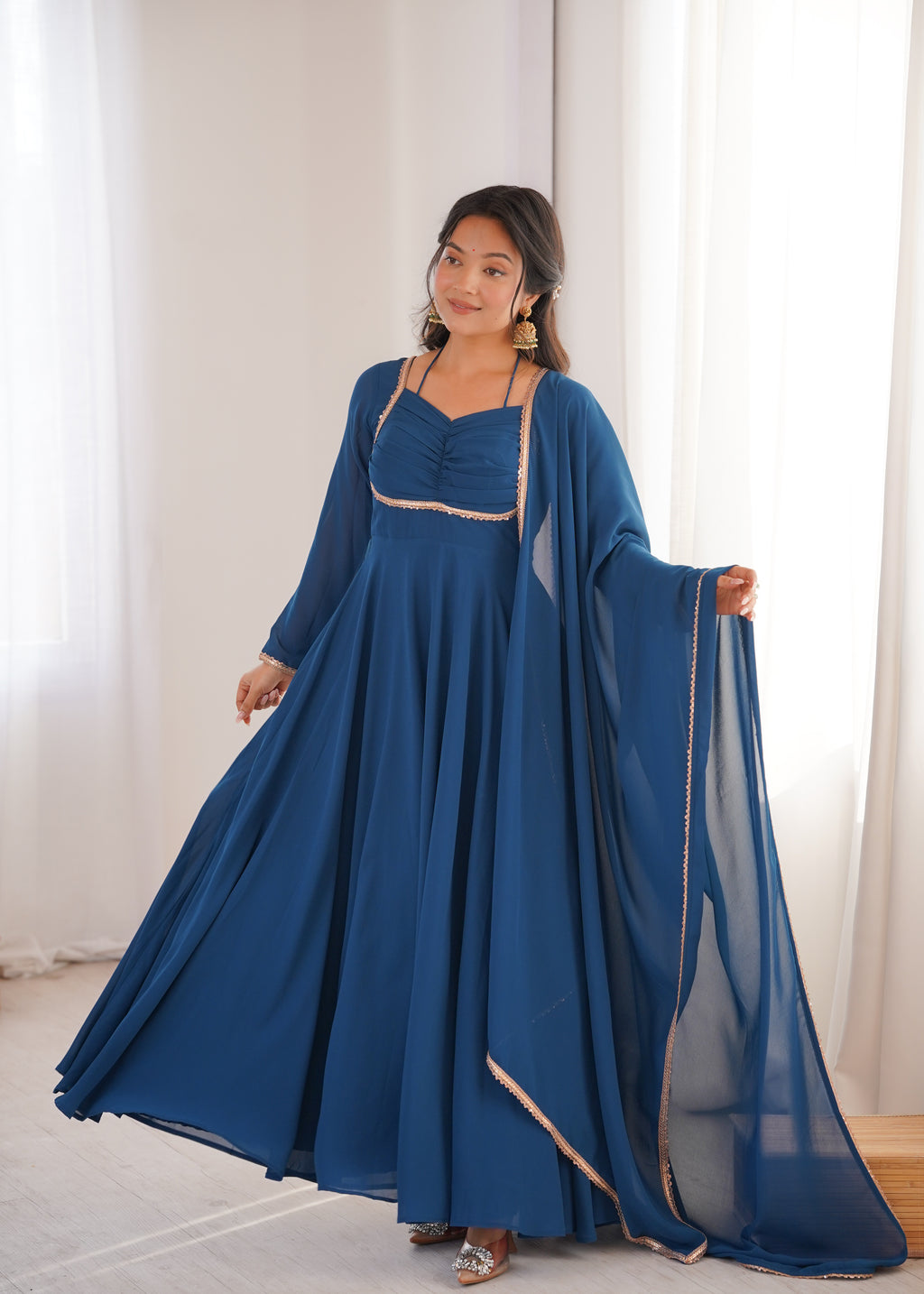 Women Blue Solid Georgette Anarkali Kurta with Dupatta