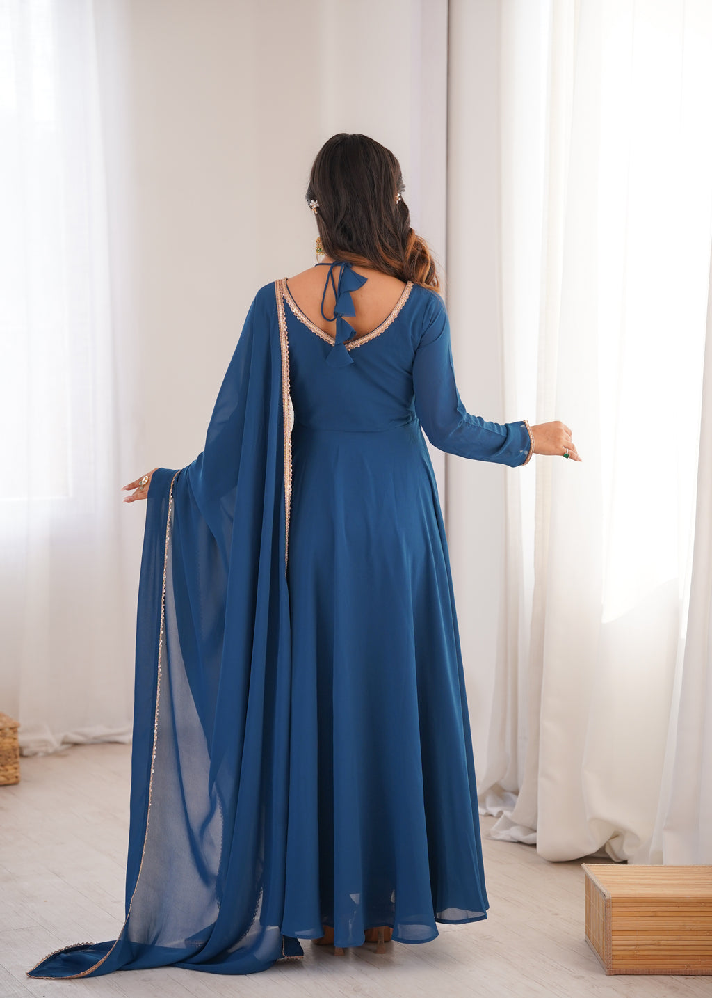 Women Blue Solid Georgette Anarkali Kurta with Dupatta