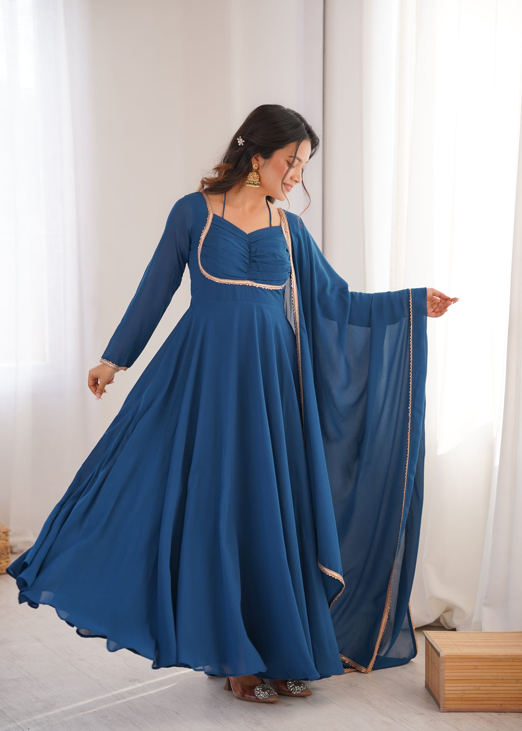 Women Blue Solid Georgette Anarkali Kurta with Dupatta