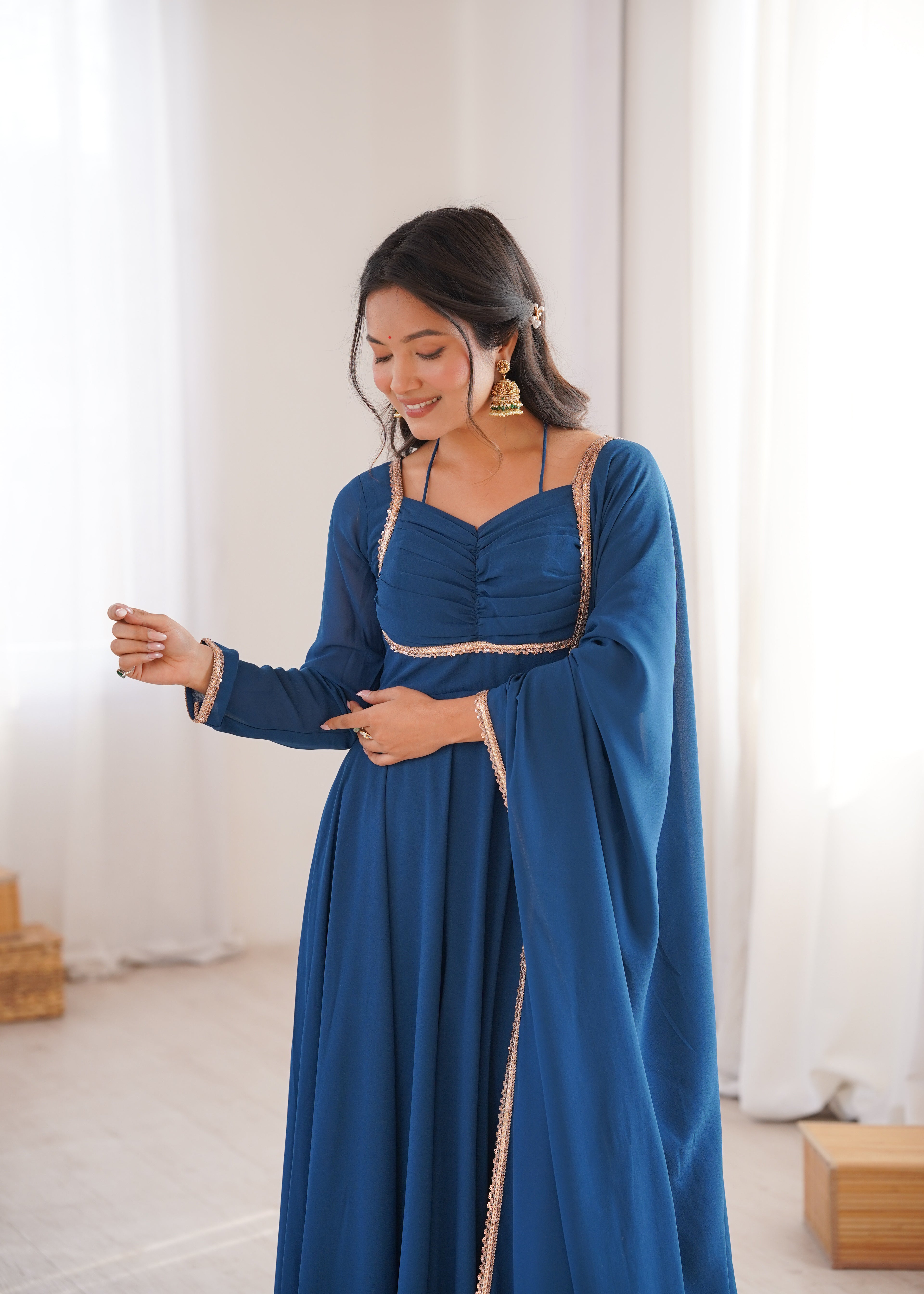 Women Blue Solid Georgette Anarkali Kurta with Dupatta
