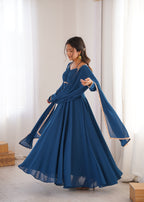 Women Blue Solid Georgette Anarkali Kurta with Dupatta