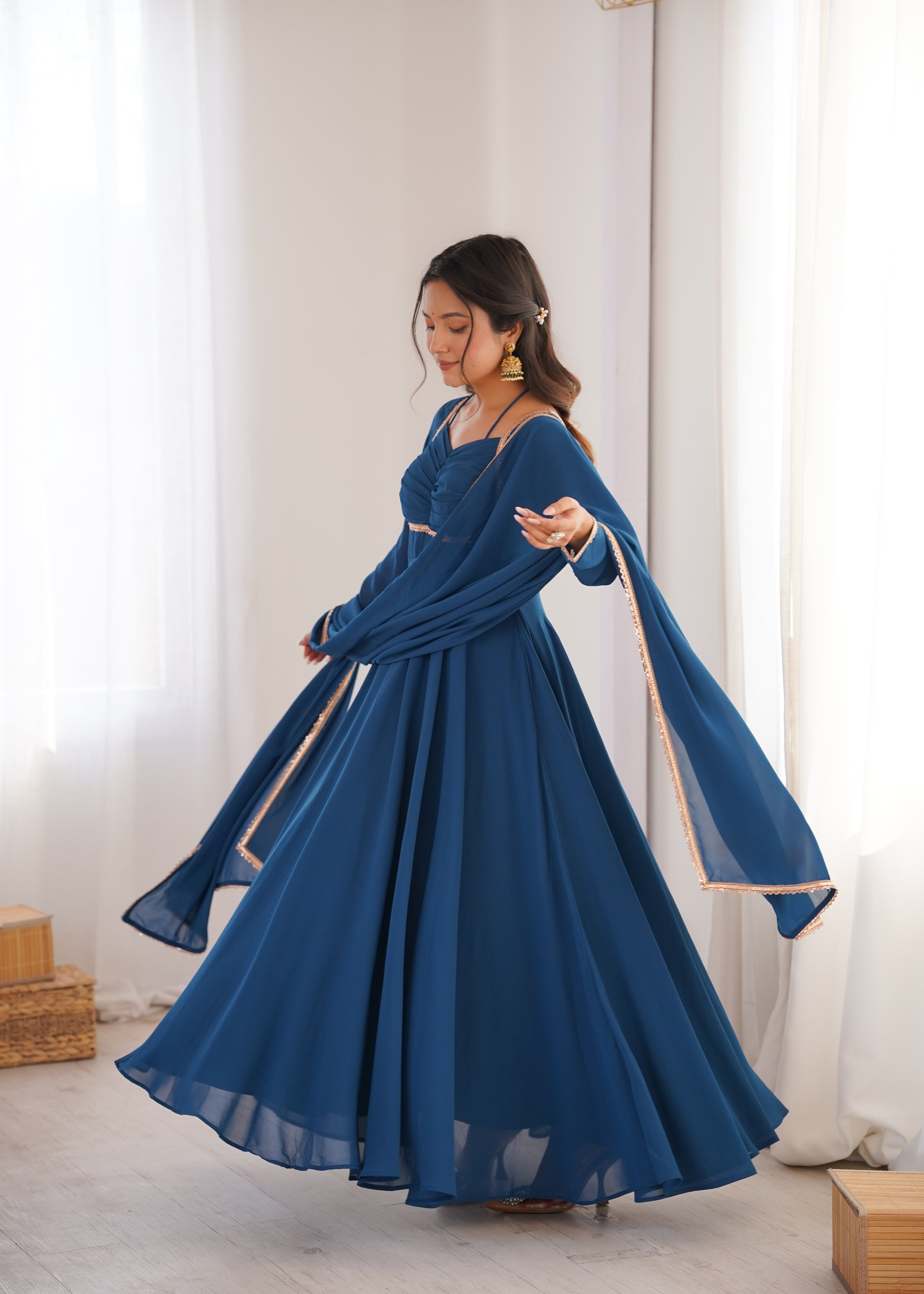 Women Blue Solid Georgette Anarkali Kurta with Dupatta