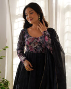 Women Black Floral Printed Organza Silk Anarkali Gown Set with Dupatta & Pant