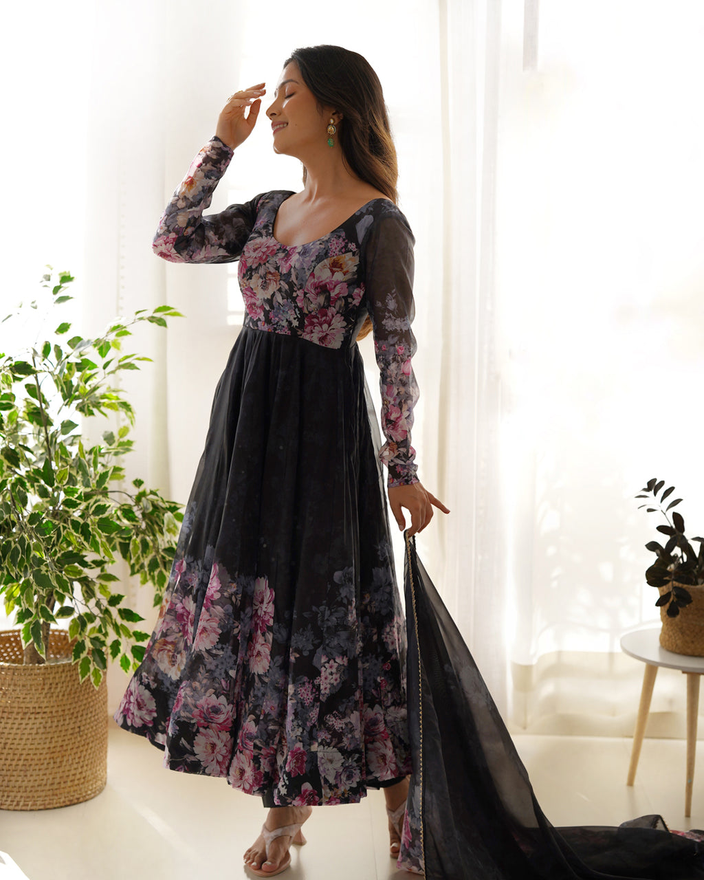 Women Black Floral Printed Organza Silk Anarkali Gown Set with Dupatta & Pant