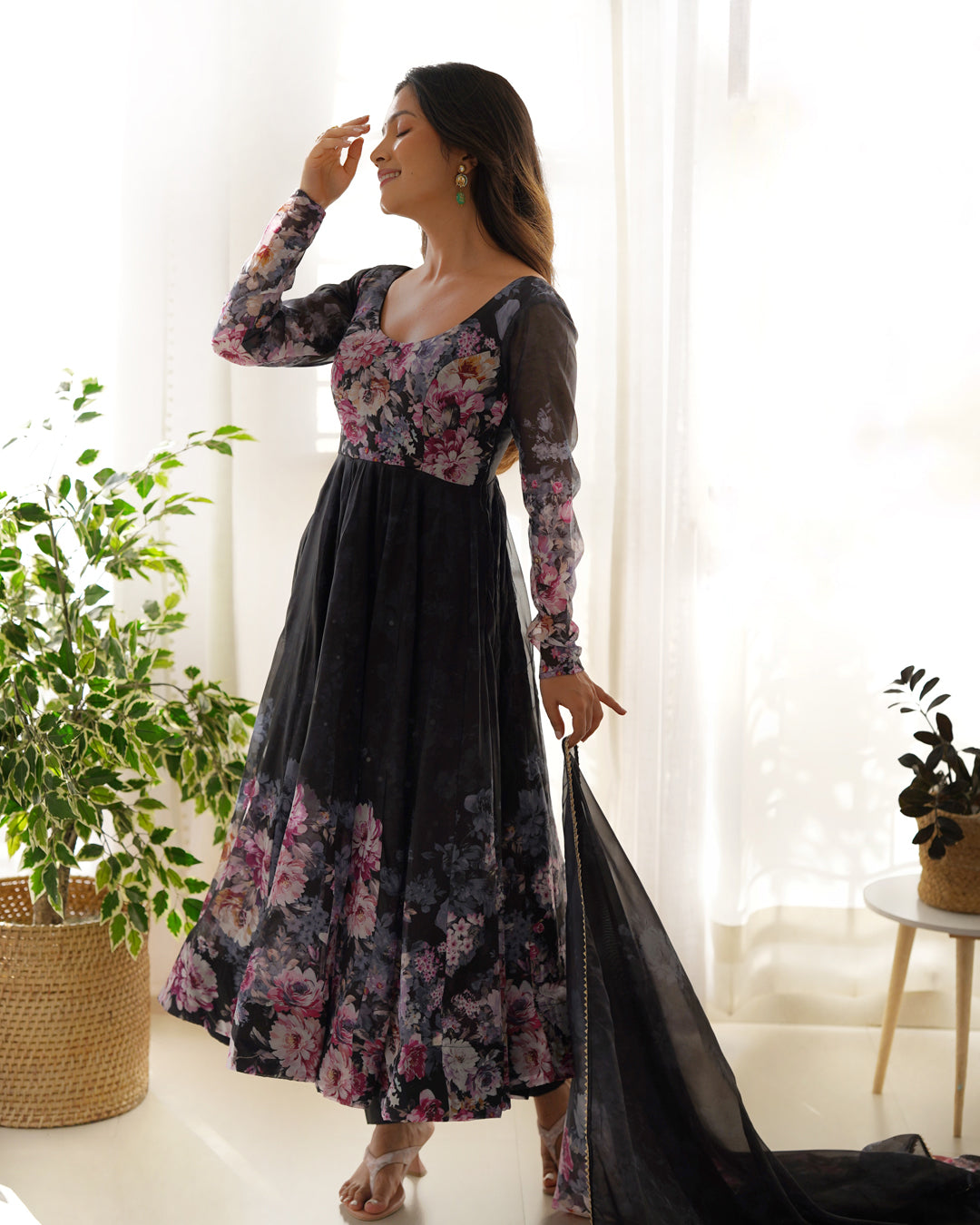 Women Black Floral Printed Organza Silk Anarkali Gown Set with Dupatta & Pant