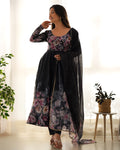 Women Black Floral Printed Organza Silk Anarkali Gown Set with Dupatta & Pant - Pionex Fab