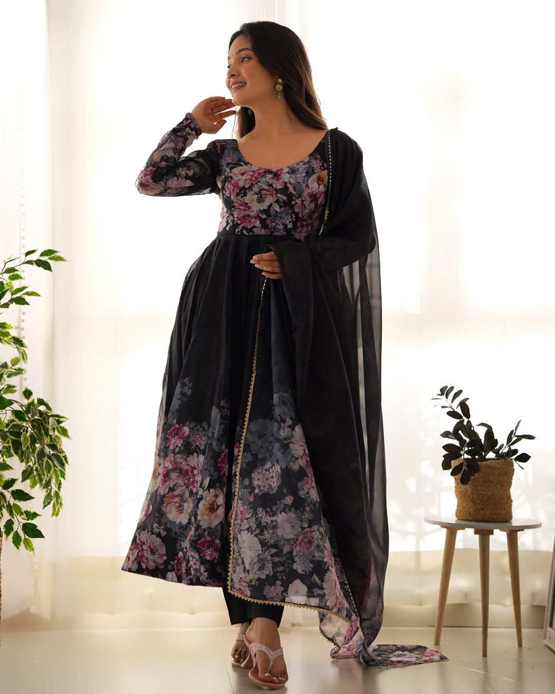 Women Black Floral Printed Organza Silk Anarkali Gown Set with Dupatta & Pant