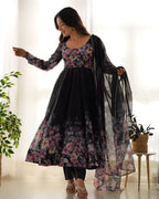 Women Black Floral Printed Organza Silk Anarkali Gown Set with Dupatta & Pant