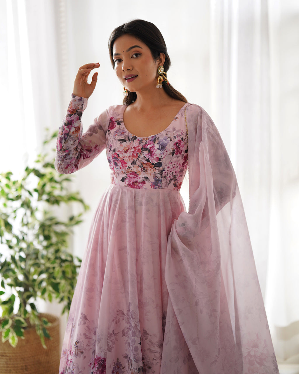 Women Rama Floral Printed Organza Silk Anarkali Gown Set with Dupatta & Pant