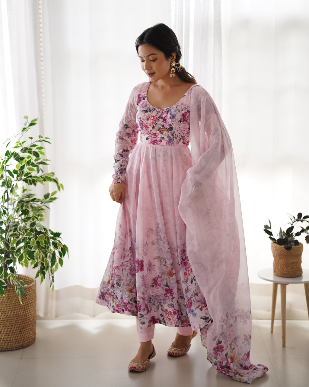 Women Rama Floral Printed Organza Silk Anarkali Gown Set with Dupatta & Pant