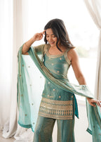 Women Seagreen & Dusty Pink Embroidered Fendy Silk Kurta Set