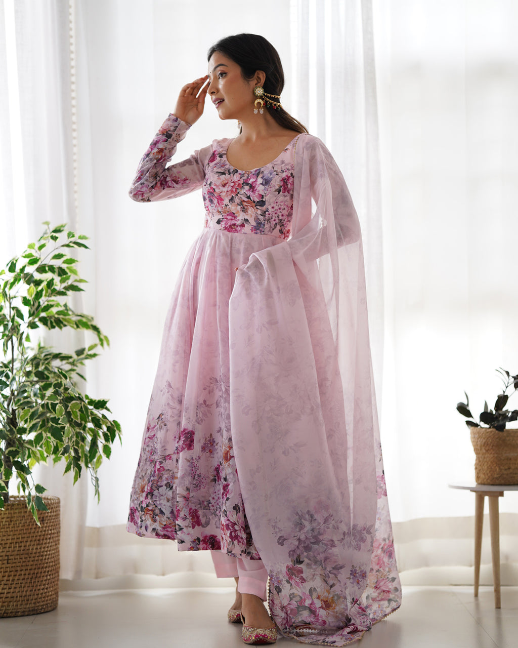 Women Rama Floral Printed Organza Silk Anarkali Gown Set with Dupatta & Pant