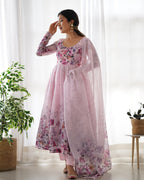 Women Rama Floral Printed Organza Silk Anarkali Gown Set with Dupatta & Pant
