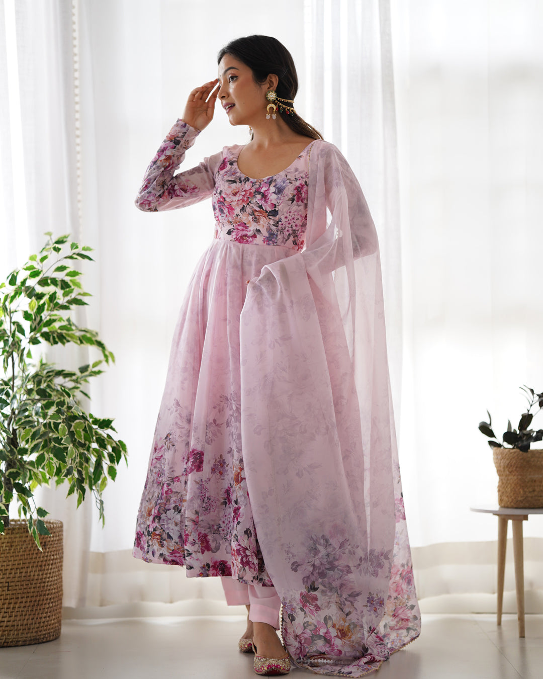 Women Rama Floral Printed Organza Silk Anarkali Gown Set with Dupatta & Pant