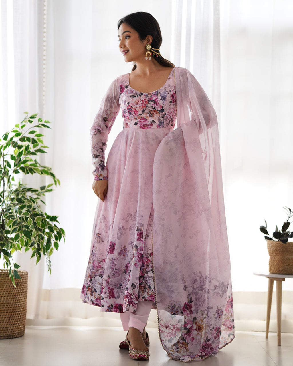 Women Rama Floral Printed Organza Silk Anarkali Gown Set with Dupatta & Pant