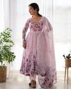 Women Rama Floral Printed Organza Silk Anarkali Gown Set with Dupatta & Pant