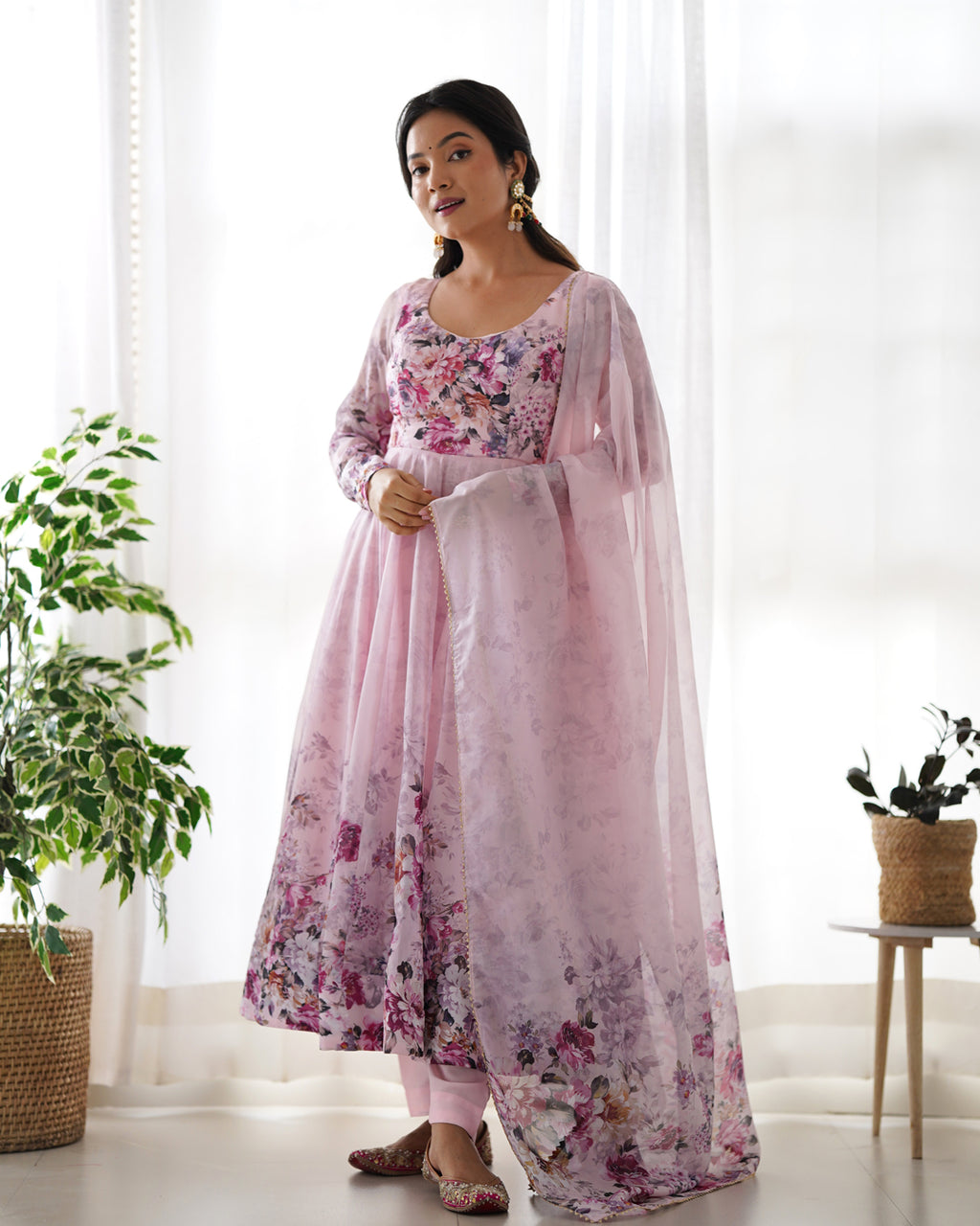 Women Rama Floral Printed Organza Silk Anarkali Gown Set with Dupatta & Pant