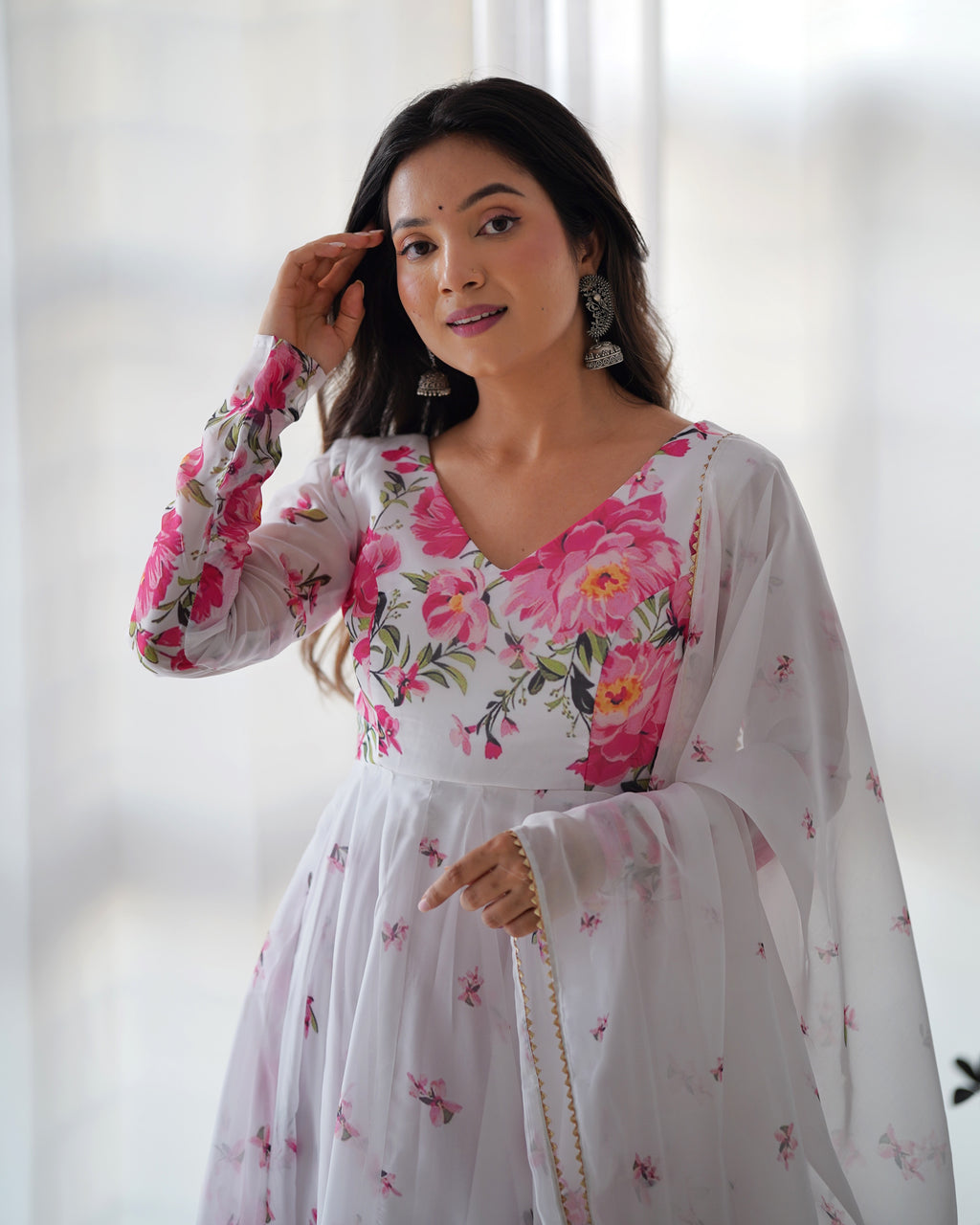 Organza White Floral Anarkali Set with Dupatta & Pant