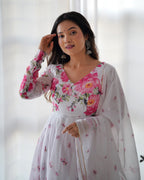 Organza White Floral Anarkali Set with Dupatta & Pant