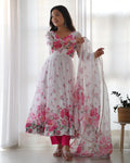 Organza White Floral Anarkali Set with Dupatta & Pant - Pionex Fab