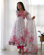 Organza White Floral Anarkali Set with Dupatta & Pant