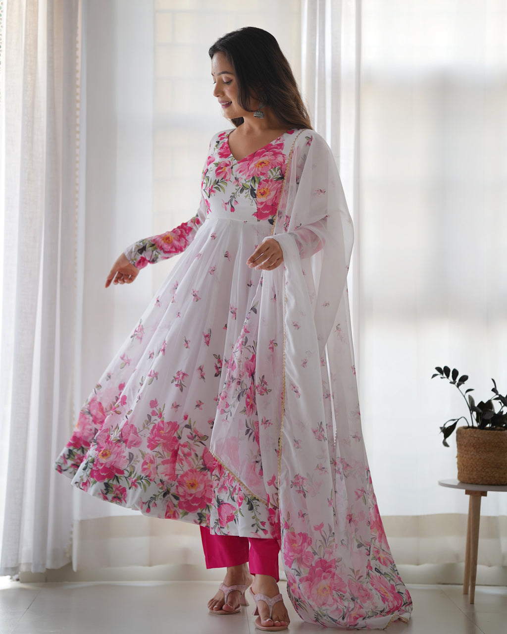 Organza White Floral Anarkali Set with Dupatta & Pant