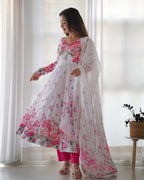 Organza White Floral Anarkali Set with Dupatta & Pant