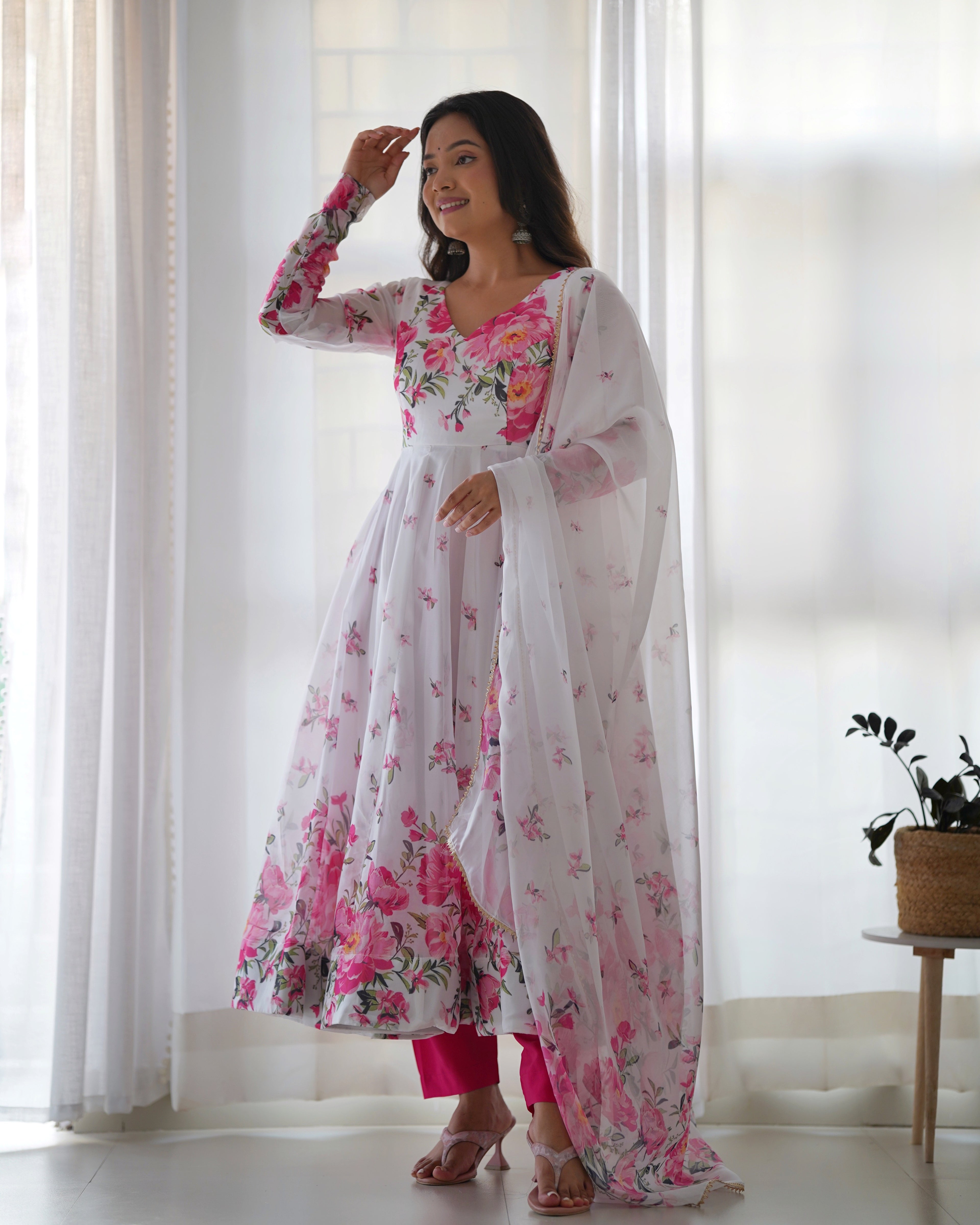 Organza White Floral Anarkali Set with Dupatta & Pant