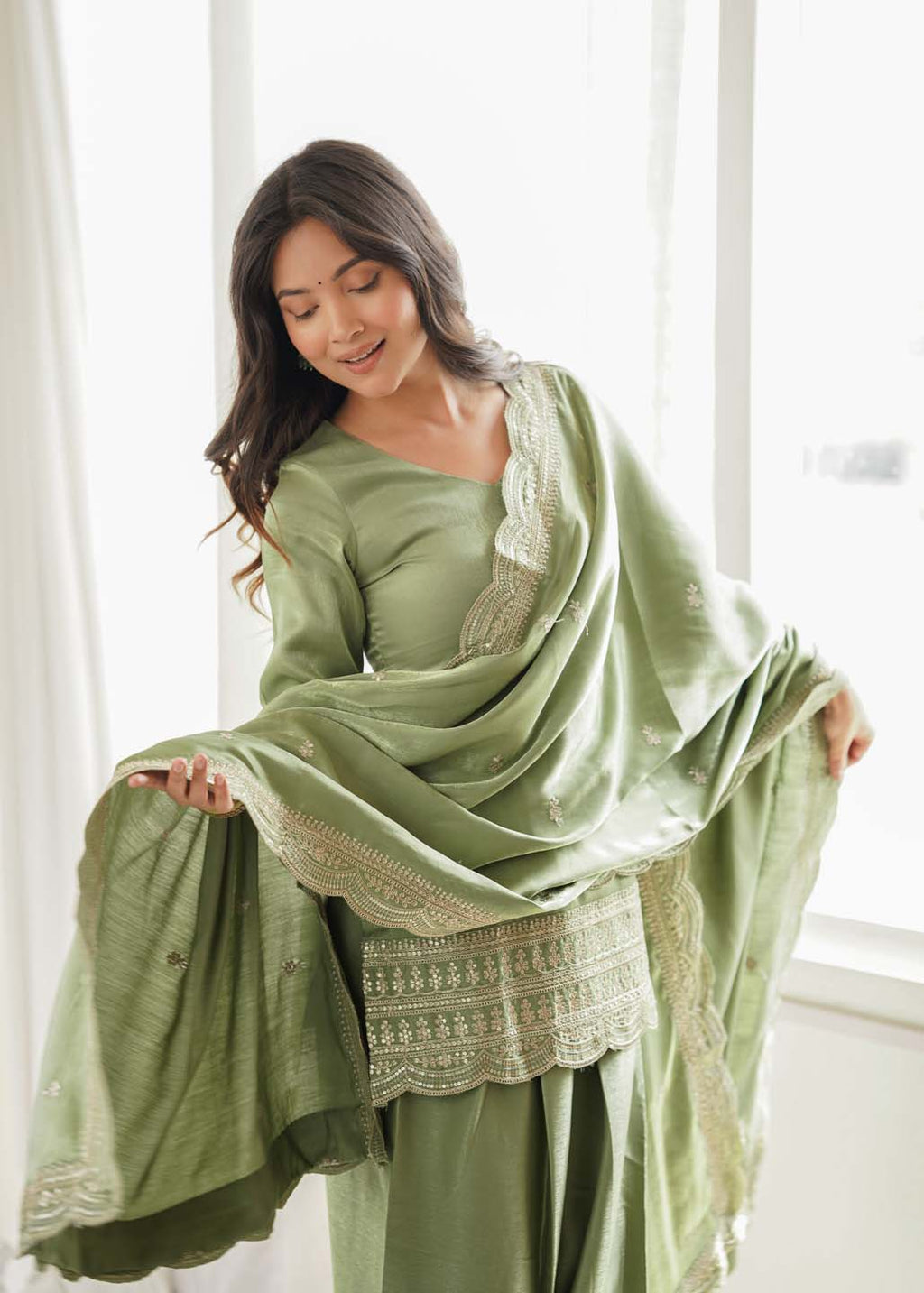 Green Silk Embroidered Kurta, Farshi Shalwar & Dupatta Set