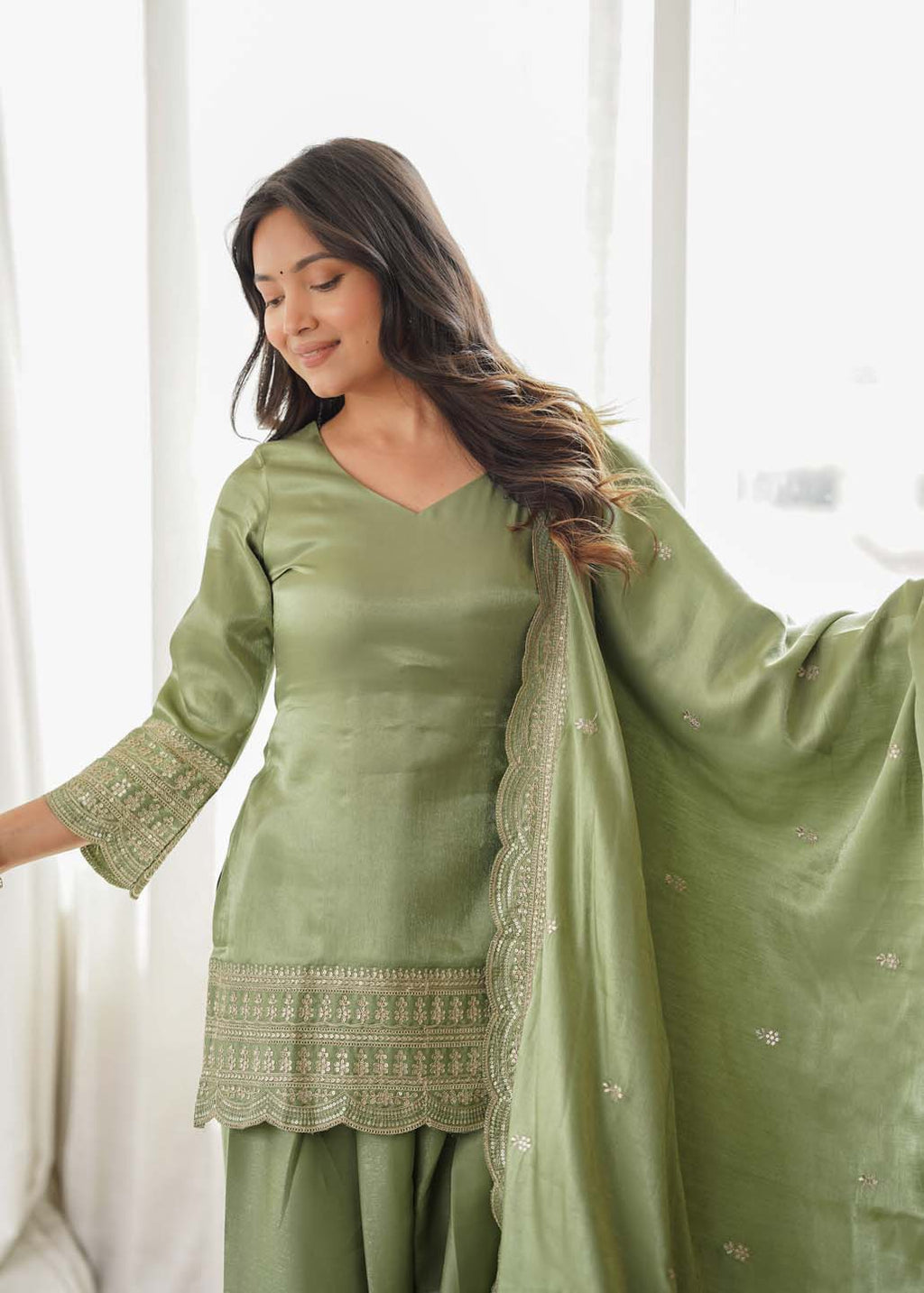 Green Silk Embroidered Kurta, Farshi Shalwar & Dupatta Set