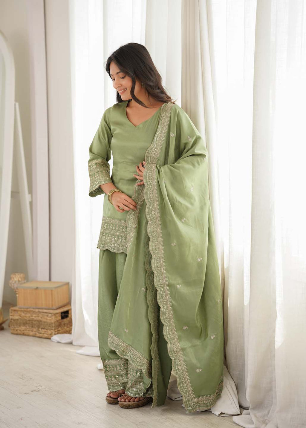 Green Silk Embroidered Kurta, Farshi Shalwar & Dupatta Set