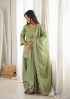 Green Silk Embroidered Kurta, Farshi Shalwar & Dupatta Set