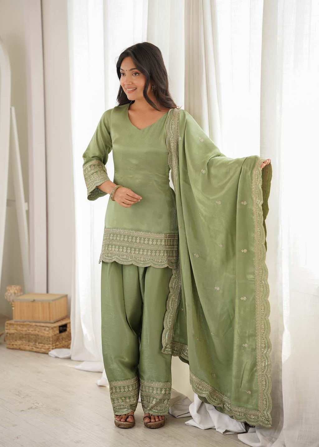 Green Silk Embroidered Kurta, Farshi Shalwar & Dupatta Set