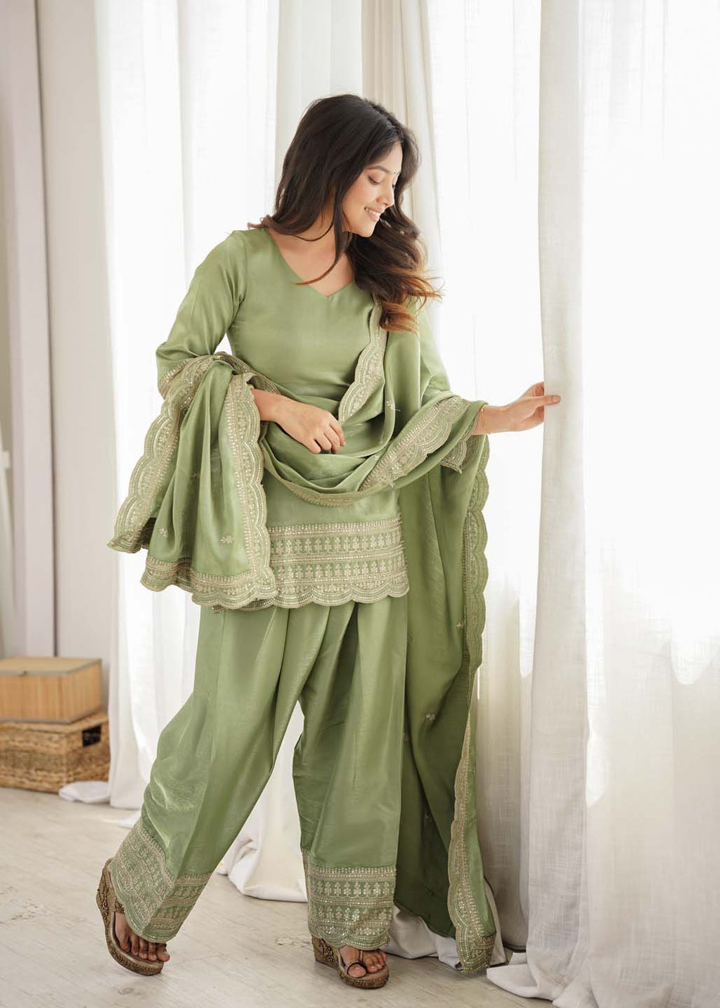 Green Silk Embroidered Kurta, Farshi Shalwar & Dupatta Set