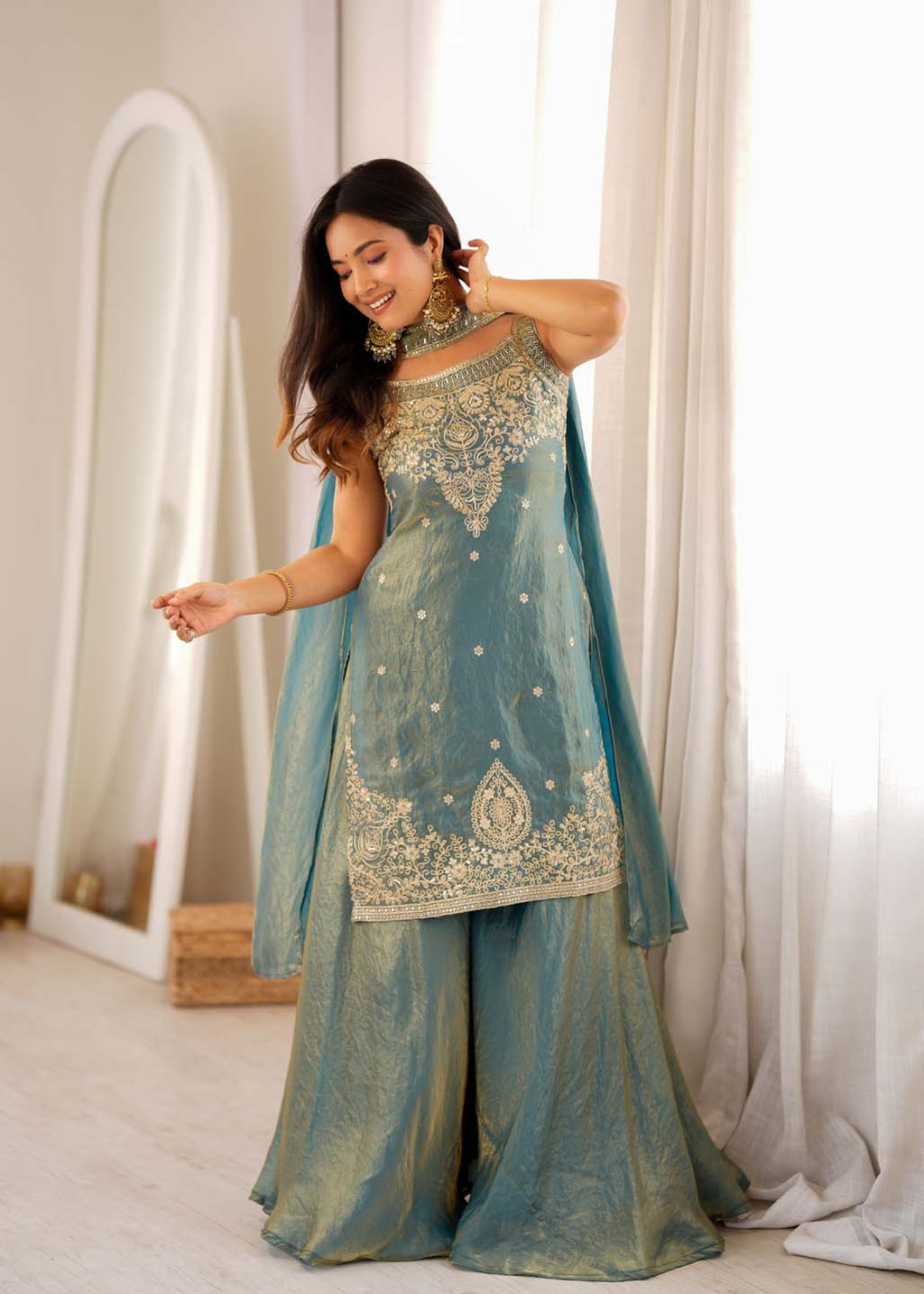 Women's Pure Soft Fendy Silk Embroidered Kurta Sharara Set with Dupatta