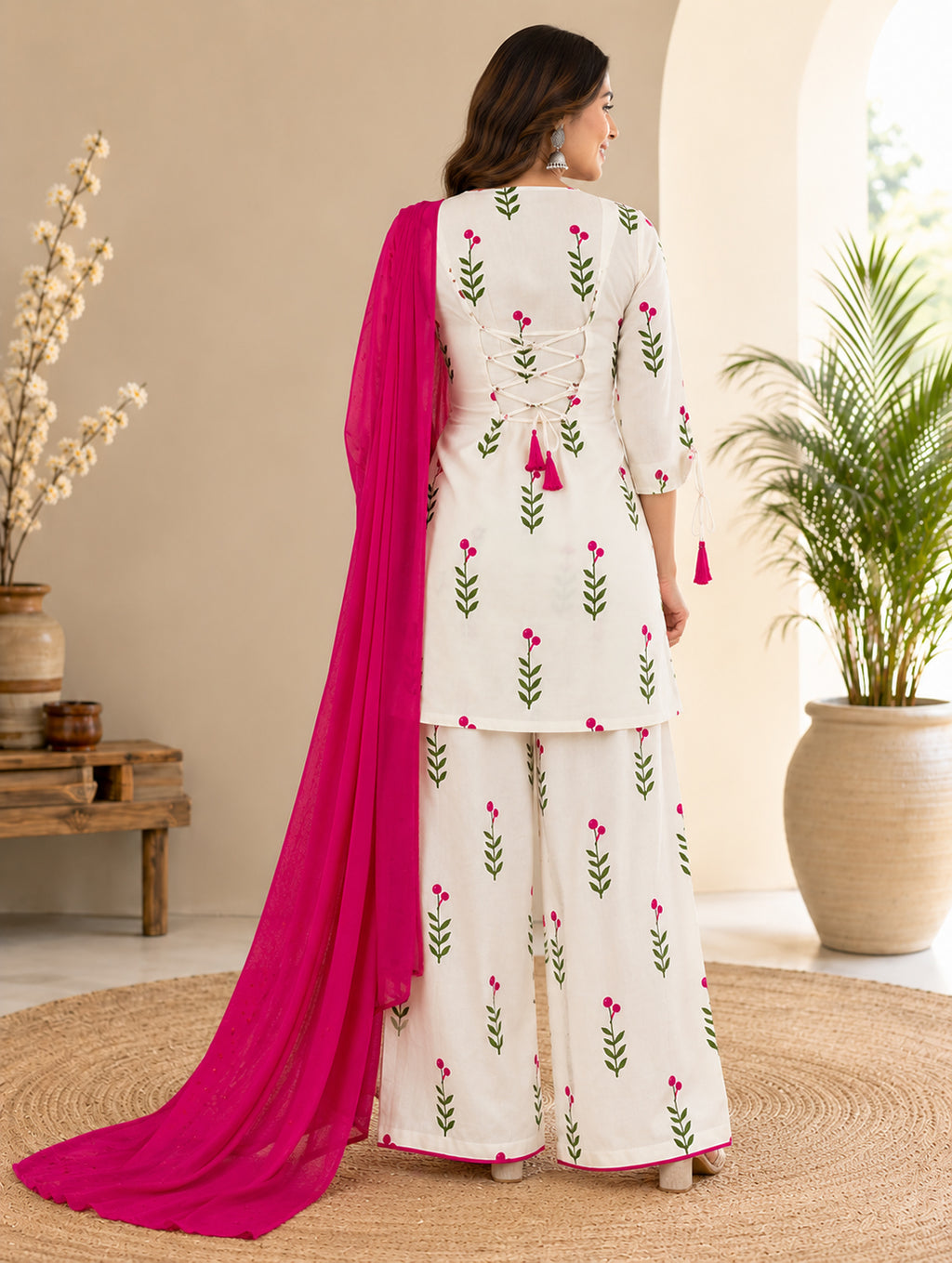 White Printed Cotton Kurta and Patiyala Set with Dupatta