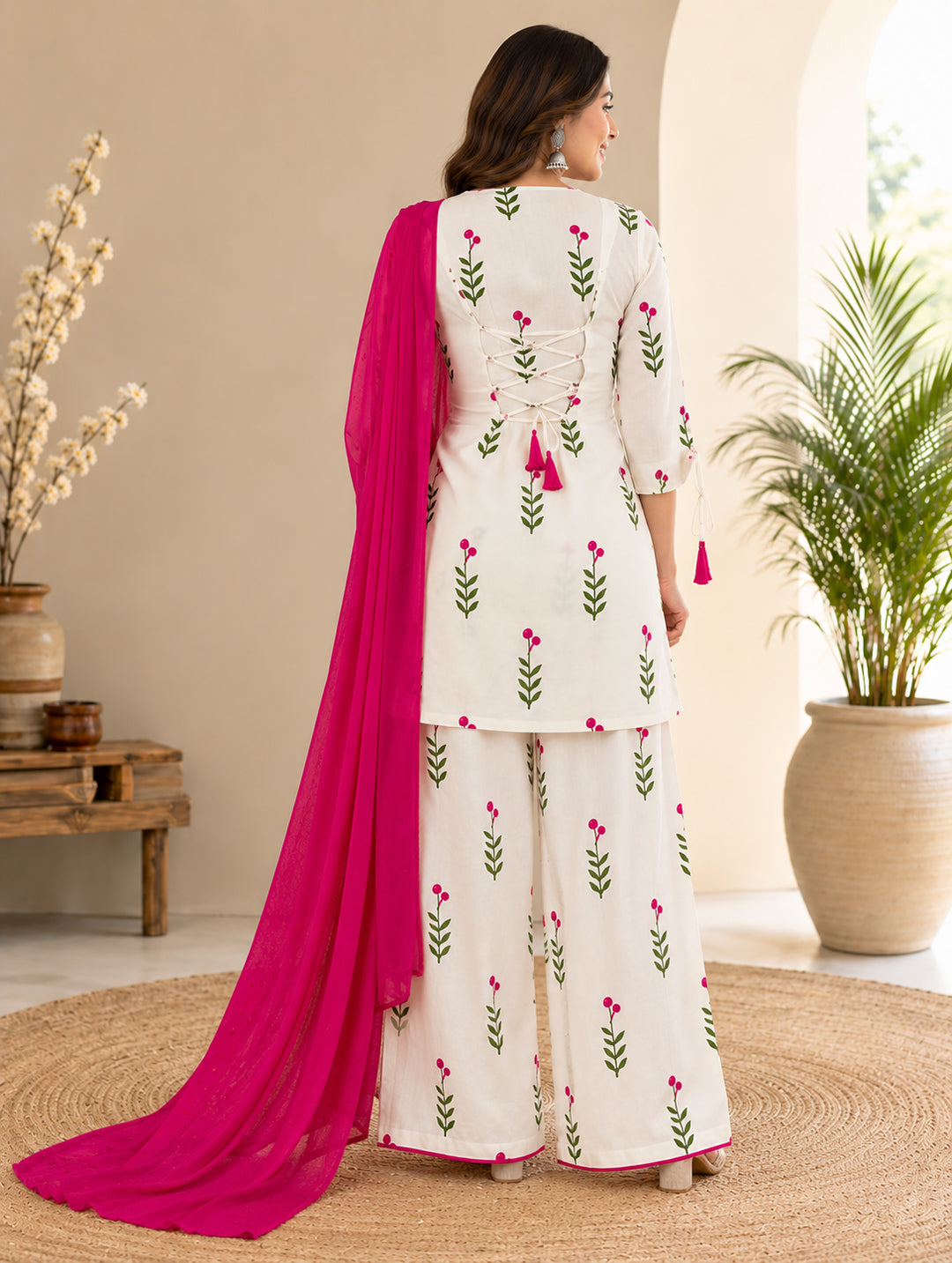 White Printed Cotton Kurta and Patiyala Set with Dupatta