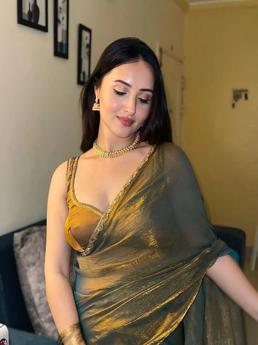 Gold & Rama Two-Tone Soft Fancy Chiffon Silk Saree