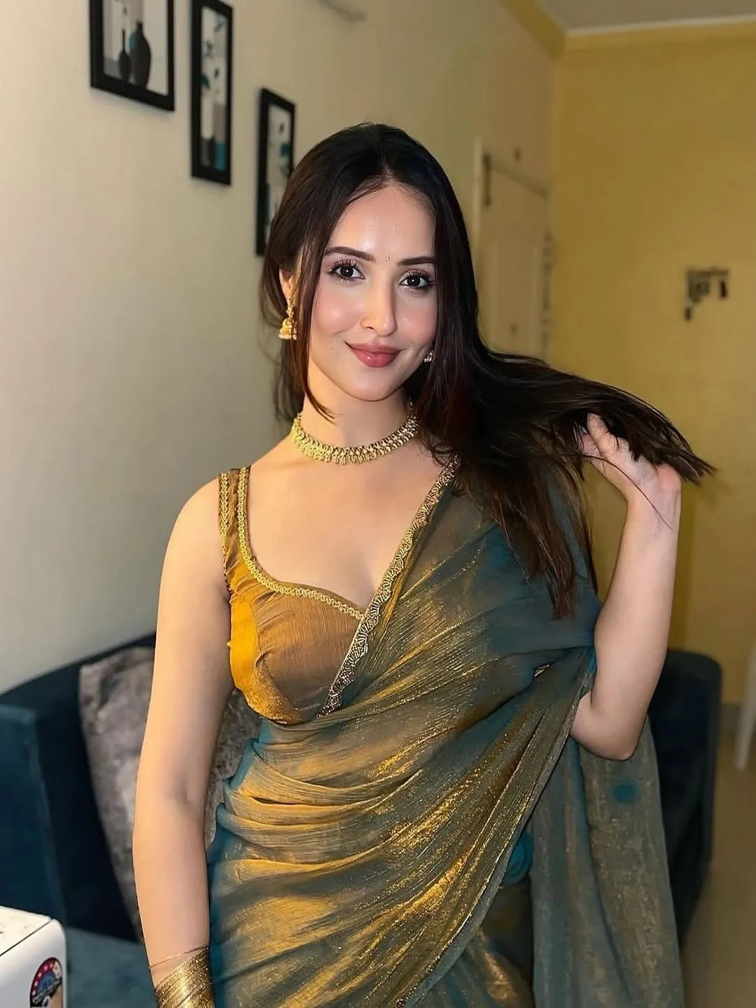 Gold & Rama Two-Tone Soft Fancy Chiffon Silk Saree