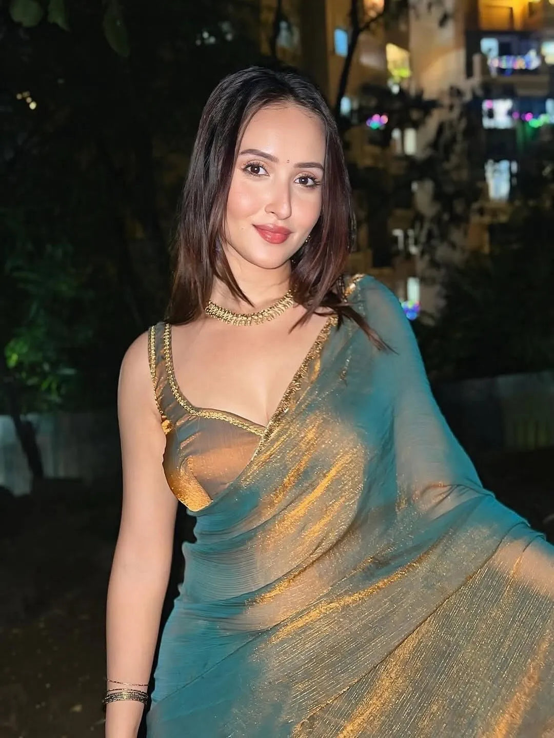 Gold & Rama Two-Tone Soft Fancy Chiffon Silk Saree