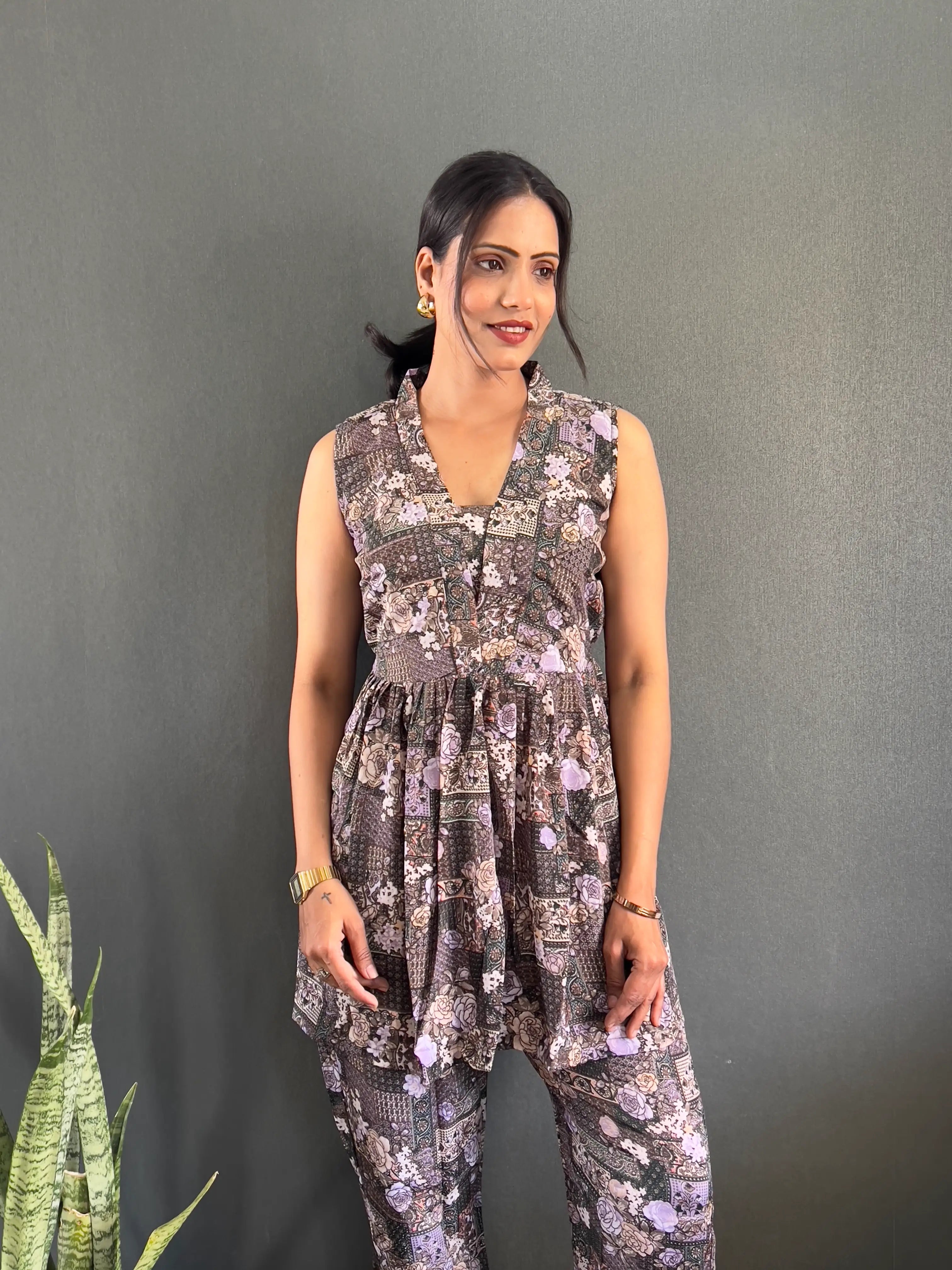 Printed V-Neck Co Ord Sets For Office Wear