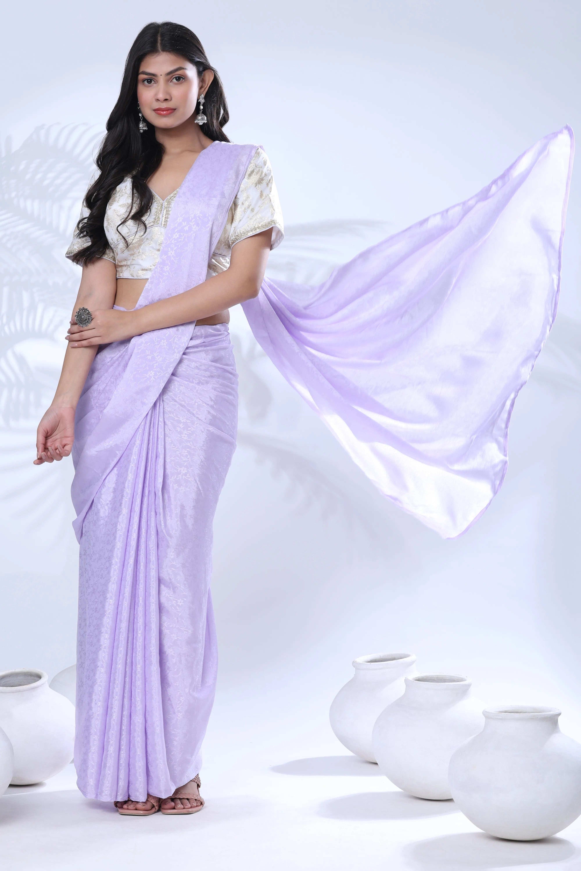 Ready To Wear Chiffon Pink Saree With Stitched Blouse