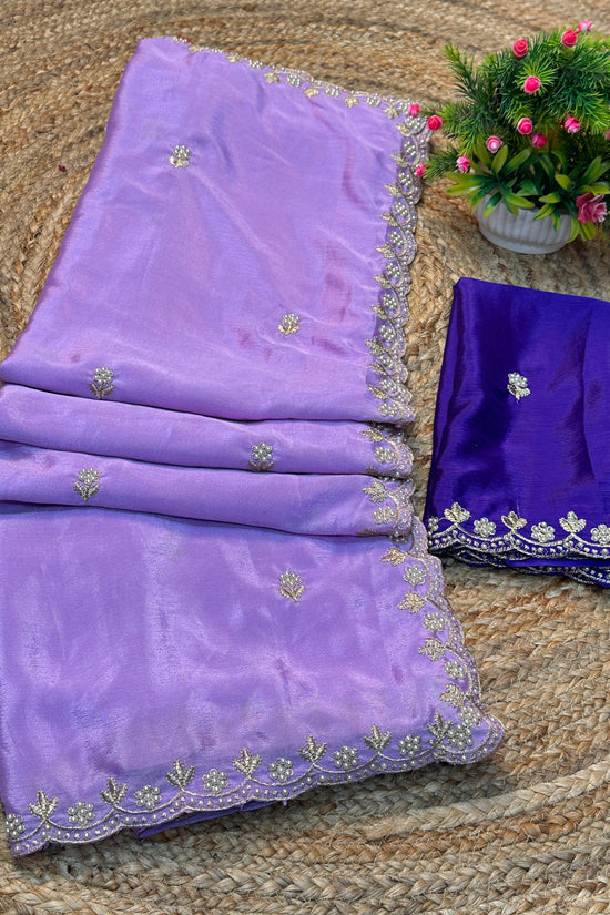 Silk Chinon Saree with Embroidery, Thread & Moti Work