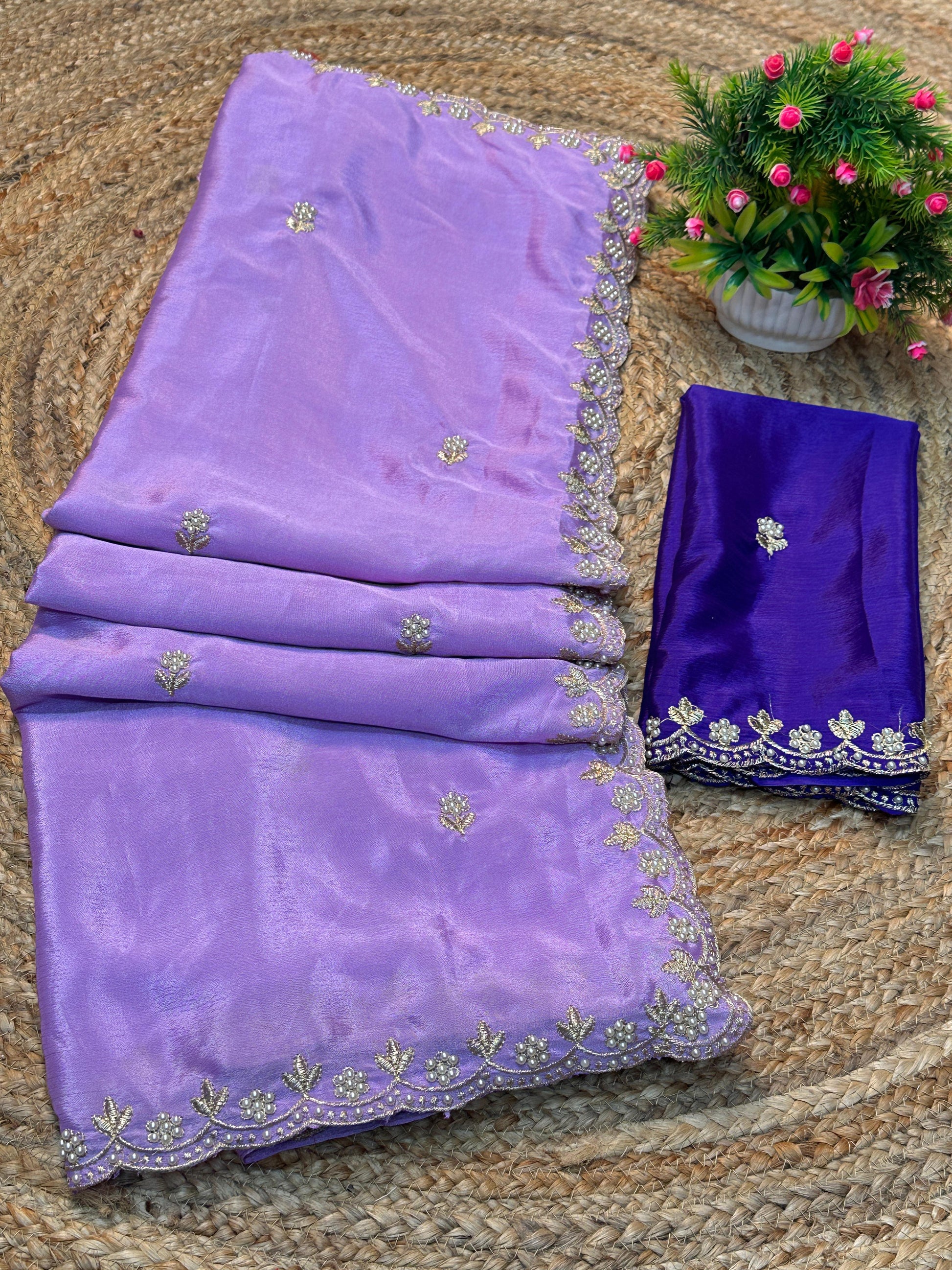 Silk Chinon Saree with Embroidery, Thread & Moti Work
