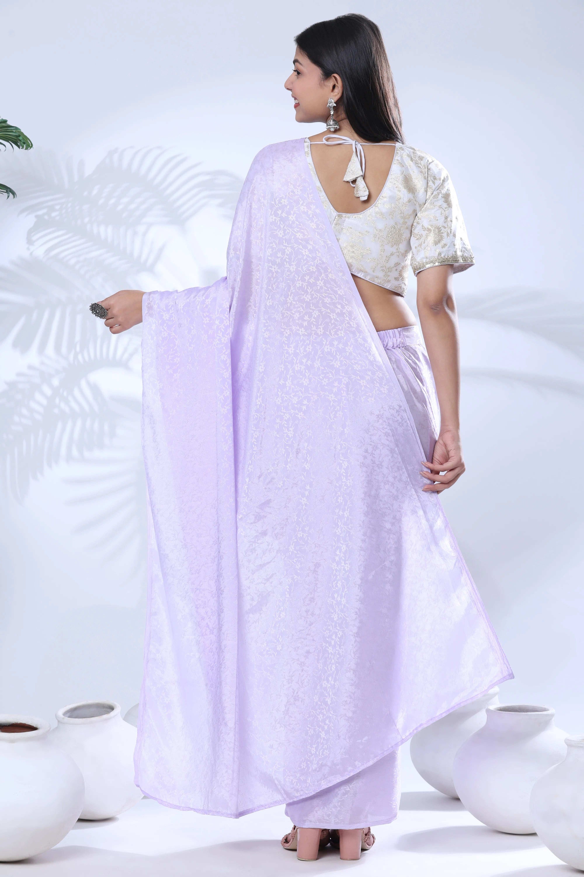 Ready To Wear Chiffon Pink Saree With Stitched Blouse