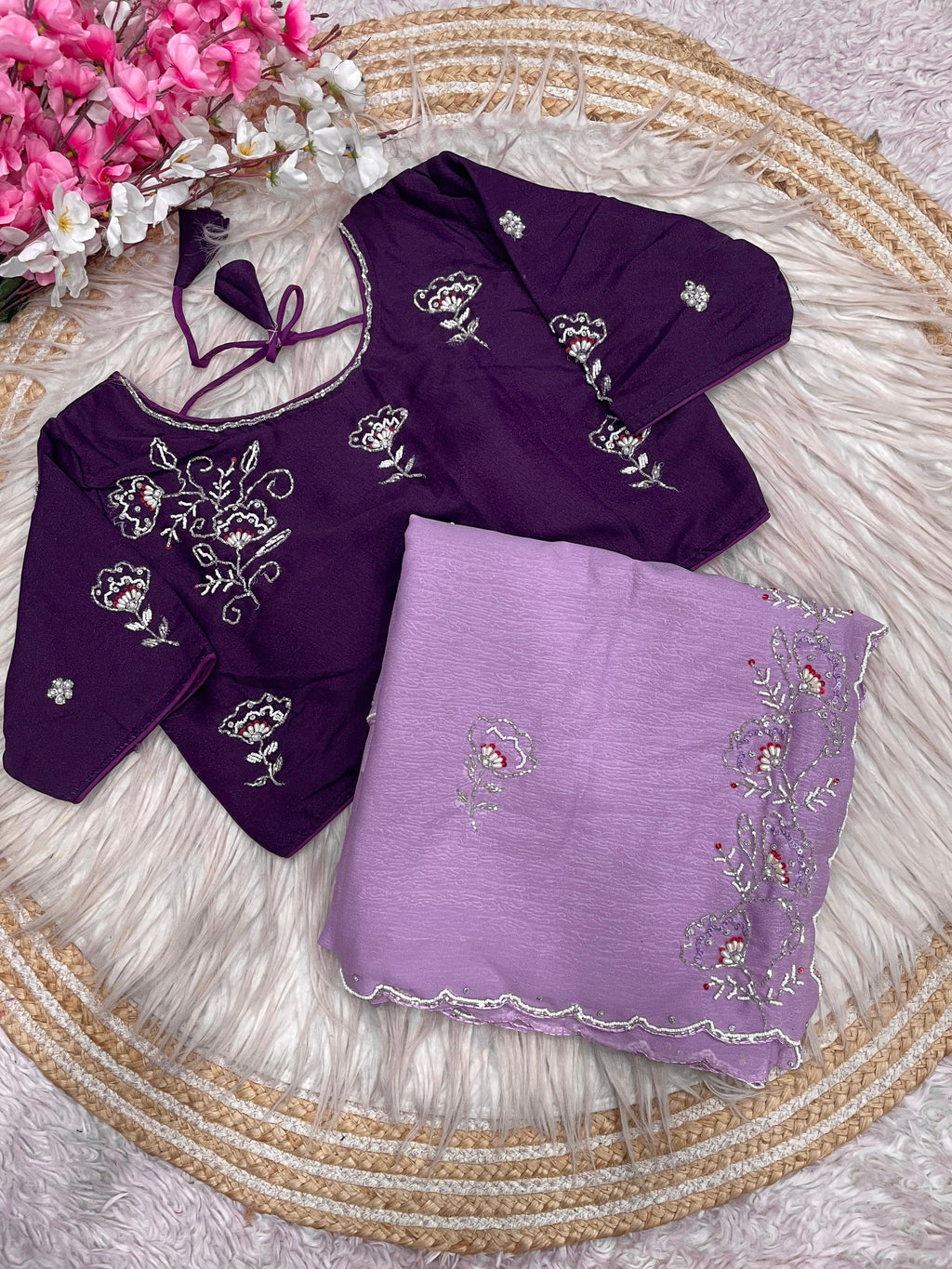 Chiffon Saree with Khatli Handwork & Stiched Blouse