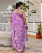 Ready-to-Wear Dola Silk Bandhani Saree with Zari Woven Chevron Border & Designer Pallu