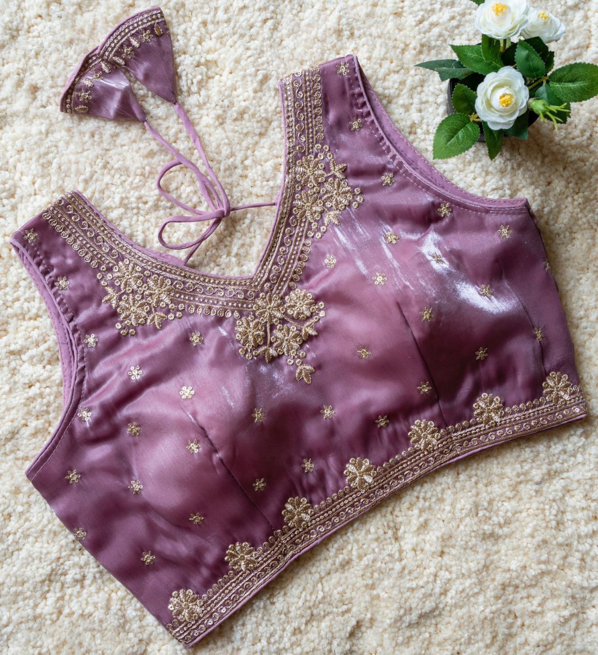 Jimmy Choo Fabric Sequin Embroidered V-Neck Blouse with Tussels
