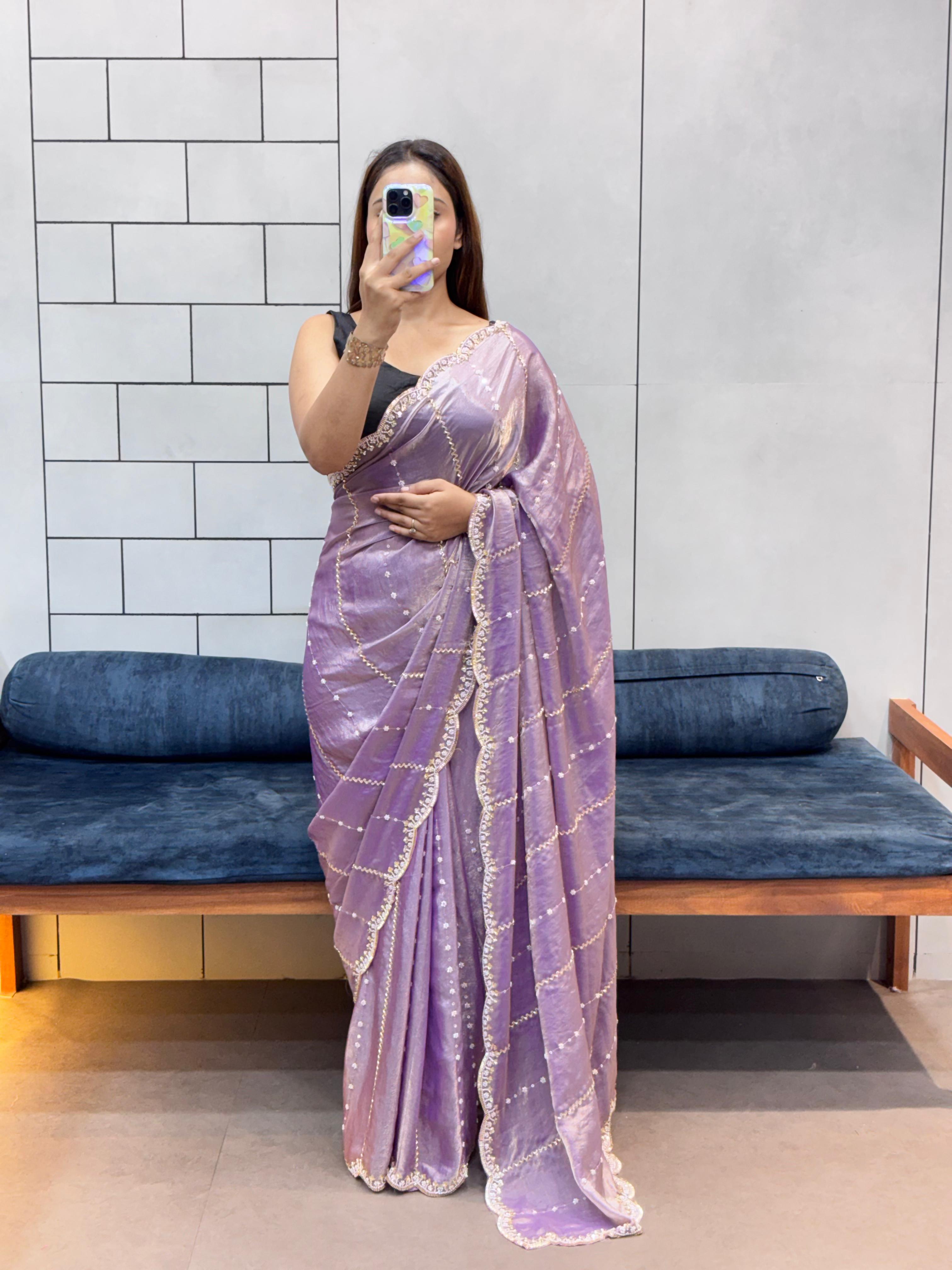 Hand-Embellished Silk Saree with Moti, Cutdana & Sequin Work