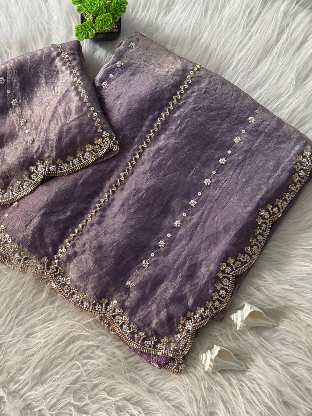 Hand-Embellished Silk Saree with Moti, Cutdana & Sequin Work